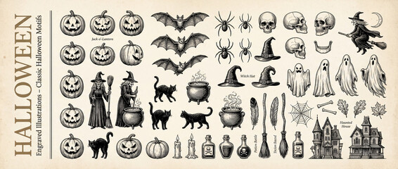 Explore a captivating collection of engraved Halloween motifs featuring witches, pumpkins, bats, and more for festive celebrations