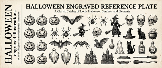 Engraved collection of Halloween symbols showcasing iconic elements in a classic style celebrating the spirit of the season