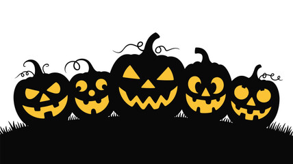 Five spooky jack-o-lanterns with glowing faces on white background