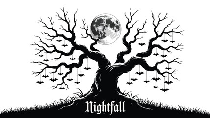 Spooky tree with bats under full moon on a dark night