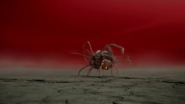 Giant spider crawling on cracked earth under red sky