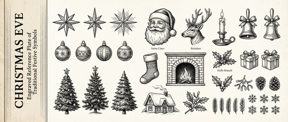 Engraved collection capturing the magic of Christmas Eve with festive symbols and traditional designs