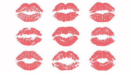 Lipstick Kiss Marks in Coral Red on White Background in Bold Graphic Style for Beauty and Cosmetics