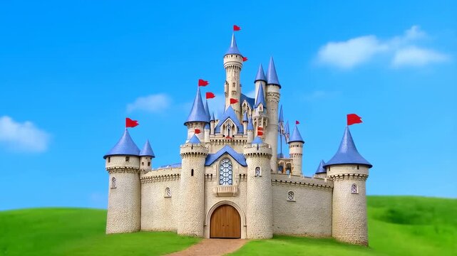 Enchanting castle panorama with majestic blue sky and towering turrets