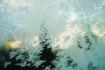 Abstraktes Motiv mit beschlagener Eisbedeckter Glasscheibe mit weißem Eismuster vor hoher grüner...