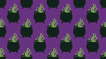 Spooky witch cauldrons boiling with green flames on purple background