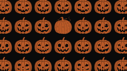 Spooky Halloween jack-o-lanterns pattern with one whole pumpkin on black background