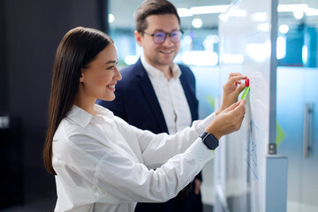 Confident female leader putting new tasks or new startup ideas on sticky notes, business colleagues planning project on board in office