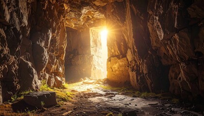 massive stone chamber sealed for millennia, first light entering through a narrow crack