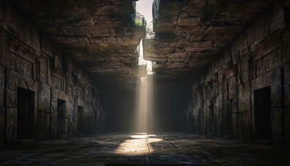 massive stone chamber sealed for millennia, first light entering through a narrow crack