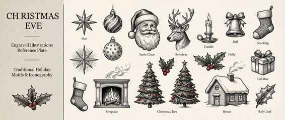 Engraved collection of traditional holiday motifs showcasing Christmas Eve icons and symbols perfect for festive decorations