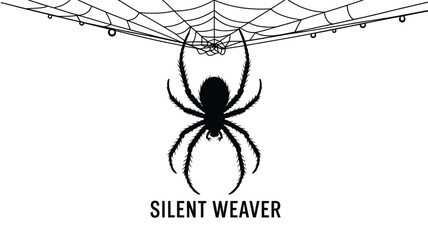 Spider hanging from intricate web with the words SILENT WEAVER