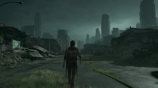 Mysterious figure navigates abandoned city streets under cloudy skies
