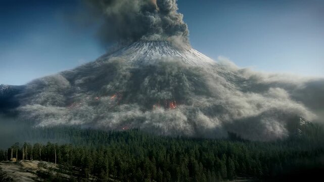 Volcanic eruption: dramatic lava flow and ash plume engulfing forest