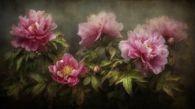 Several lush pink blossoms display delicate petals amidst deep green foliage under soft lighting