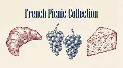Engraved premium collection of French picnic treats featuring croissant, grapes, and cheese