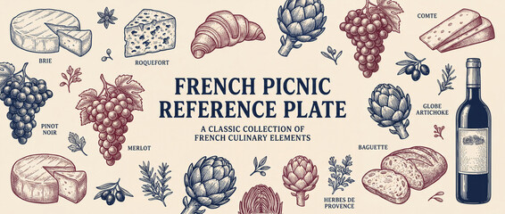 Engraved collection of French culinary elements showcasing a perfect picnic spread with various cheeses, wines, and fresh ingredients