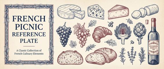 Captivating engraved collection showcasing essential elements of a delightful French picnic experience