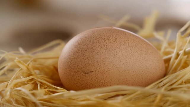 Newborn chick emerges from eggshell nest in warm straw environment