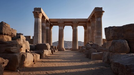 Ancient stone gateway with columns and steps at desert temple ruins in warm evening light under clear blue sky