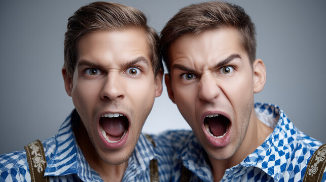 Jodelnde S&auml;nger in traditioneller Alpenkleidung mit ausdrucksstarker Mimik