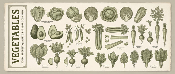 Engraved collection showcasing vibrant vegetables in intricate designs, celebrating nature's bounty and culinary inspiration
