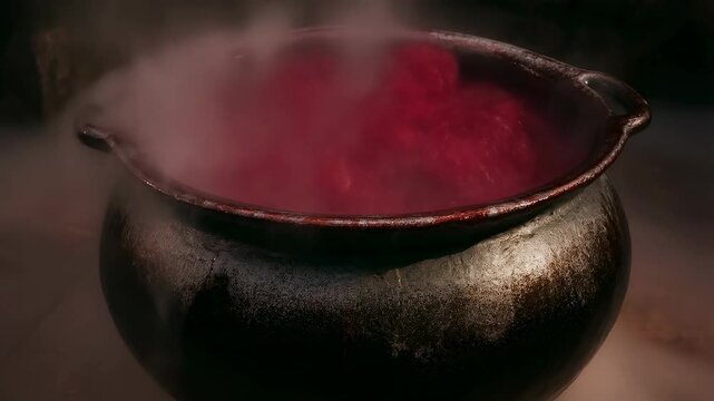 Steaming hot pot of boiling red liquid bubbling in rustic metal cauldron