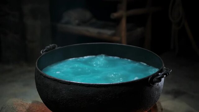 Bubbling blue liquid in black cauldron over fire in rustic setting