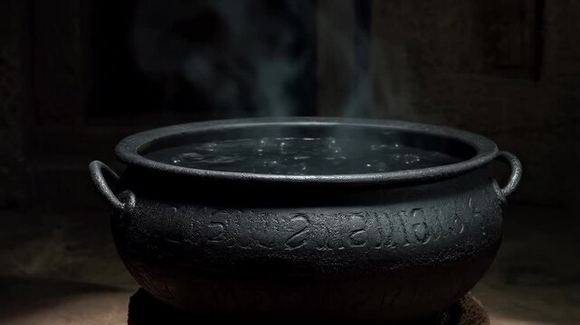 Steaming cauldron in darkness: focus on bubbling water and rising steam