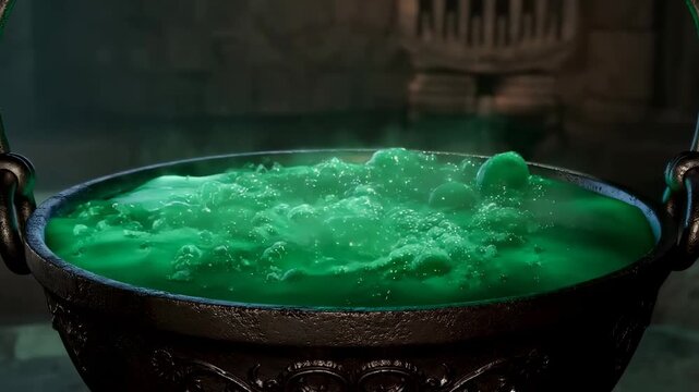 Enchanted cauldron bubbling with magical green potion in mysterious setting