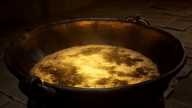 Bubbling golden brew in ancient cauldron under dim light