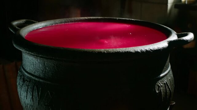 Bubbling red liquid in black cauldron creates magical and mysterious atmosphere