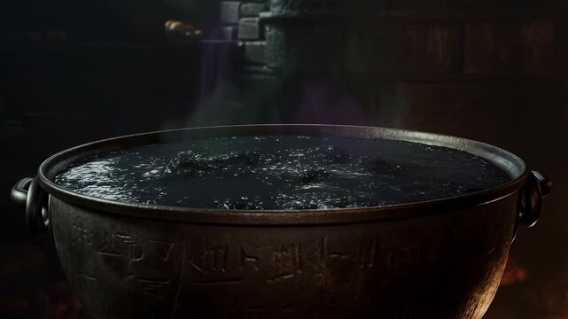 Bubbling potion in witch's cauldron with rising steam and mystical glow