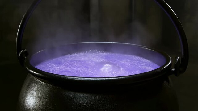Mysterious cauldron bubbling with purple potion creates spooky atmosphere