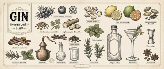 Engraved collection of premium gin botanicals illustrating history and craftsmanship