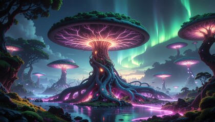 magical glowing bioluminescent tree in a fantasy landscape at night