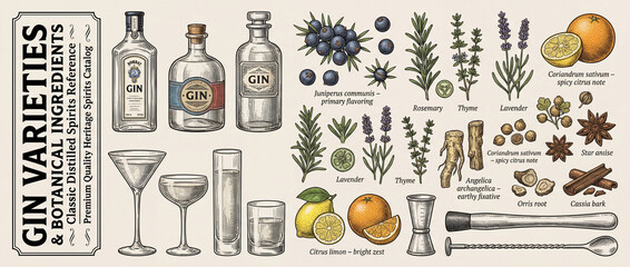 Exploring the elegant world of gin varieties and botanical ingredients in a premium engraved collection