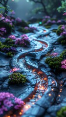 magical fantasy garden path with glowing lava river and flowers
