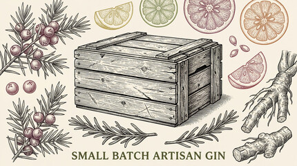 Engraved wooden crate surrounded by botanicals showcases a premium small batch artisan gin collection