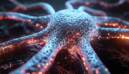 abstract futuristic neural network with glowing light particles