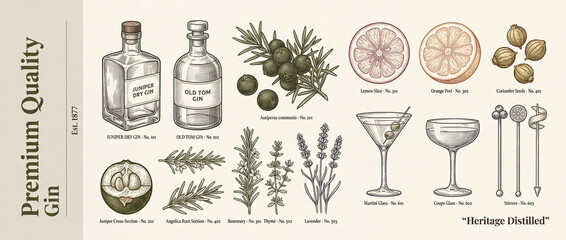 Engraved collection showcasing premium gin ingredients and traditional distillation with elegant details