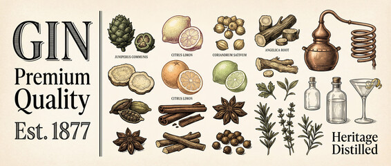 Elegant collection of engraved illustrations showcasing premium gin ingredients and craftsmanship in a vintage style