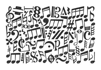Isolated set of doodle music notes, clefs, staves and musical symbols in hand drawn sketch style