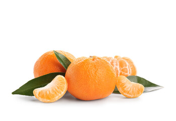 Sweet mandarins and leaves on white background
