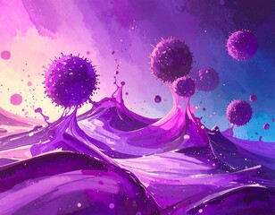Abstract landscape of purple, stylized virus-like forms in liquid