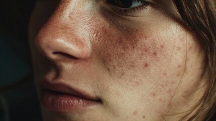Fototapeta premium Close-up View of a Young Person With Natural Freckles and Smooth Skin in Soft Lighting During a Peaceful Moment at Home