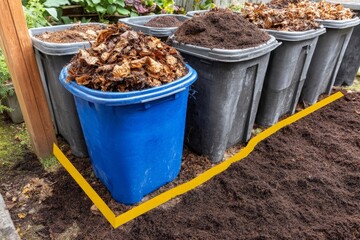 Compost bins filled with organic waste and rich soil stand outdoors for eco-friendly gardening.