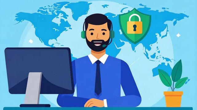 Man with headset offers global customer service for online security via computer workstation in cartoon style graphic illustration.