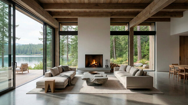 Modern luxury living room with fireplace, floor-to-ceiling windows, natural wood architecture, minimalist interior design, serene forest view, contemporary home with organic materials