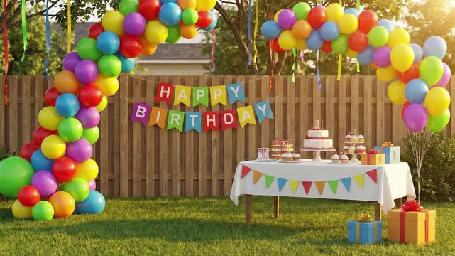 birthday cake with candles and balloons